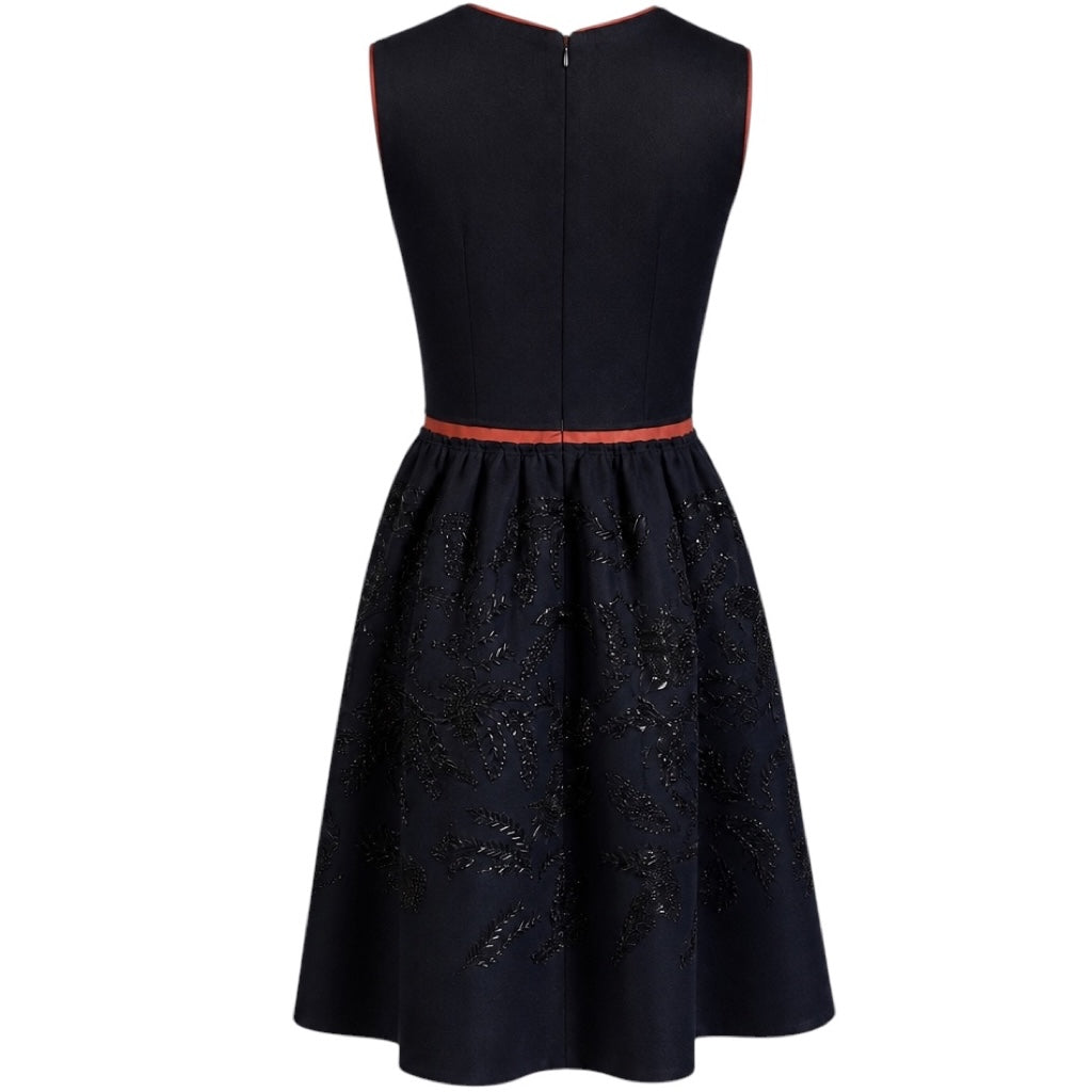 Prada Navy Blue / Burnt Orange Beaded Sleeveless Wool Flared Cocktail Dress