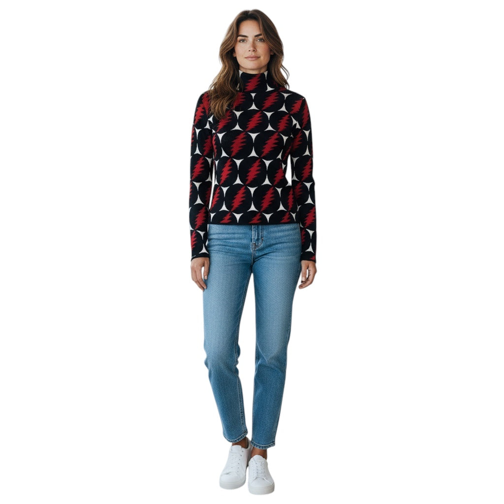 Proenza Schouler Black / White / Red Multi Lightning Bolt Patterned Long Sleeved Silk Knit Pullover Sweater