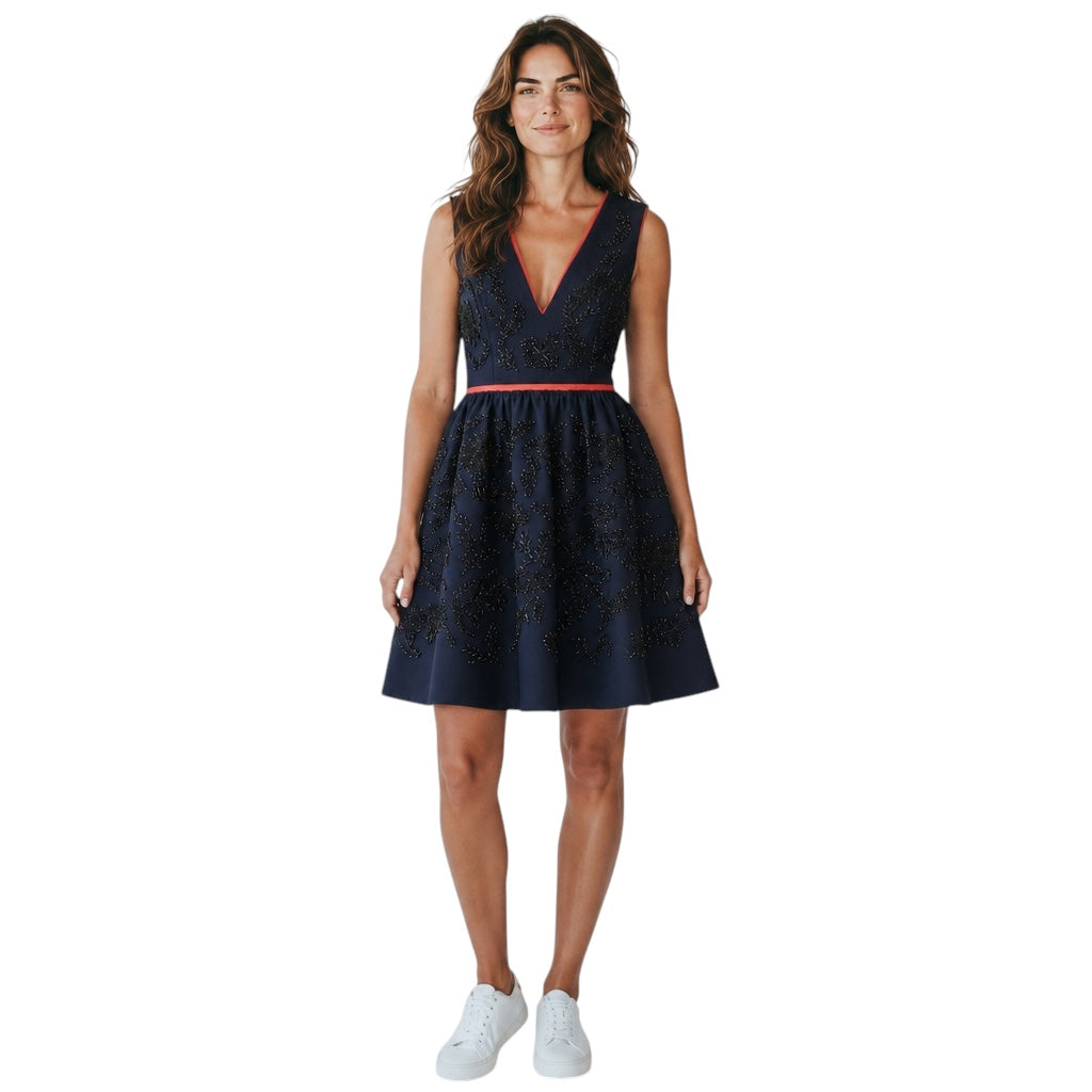 Prada Navy Blue / Burnt Orange Beaded Sleeveless Wool Flared Cocktail Dress