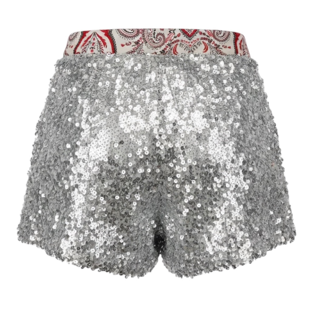 Paco Rabanne Silver Sequined Shorts with Paisey Trim