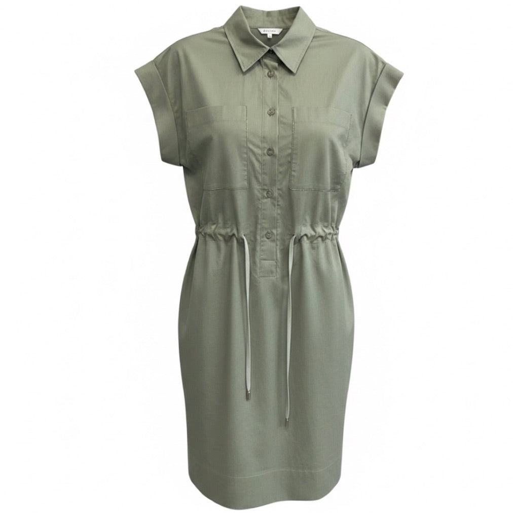 Peserico Sage Green Monili Bead Embellished Short Sleeved Cotton Stretch Dress