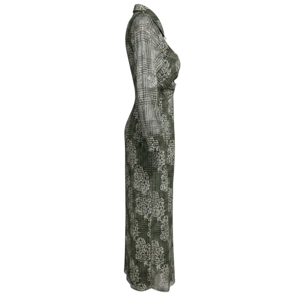 Ramy Brook Green Wyatt Plaid Long Sleeved Button Front Midi Dress