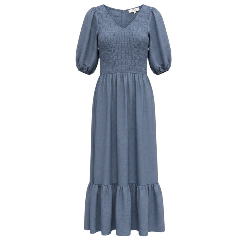 Sea New York Slate Blue Short Sleeved Smocked Maxi Dress