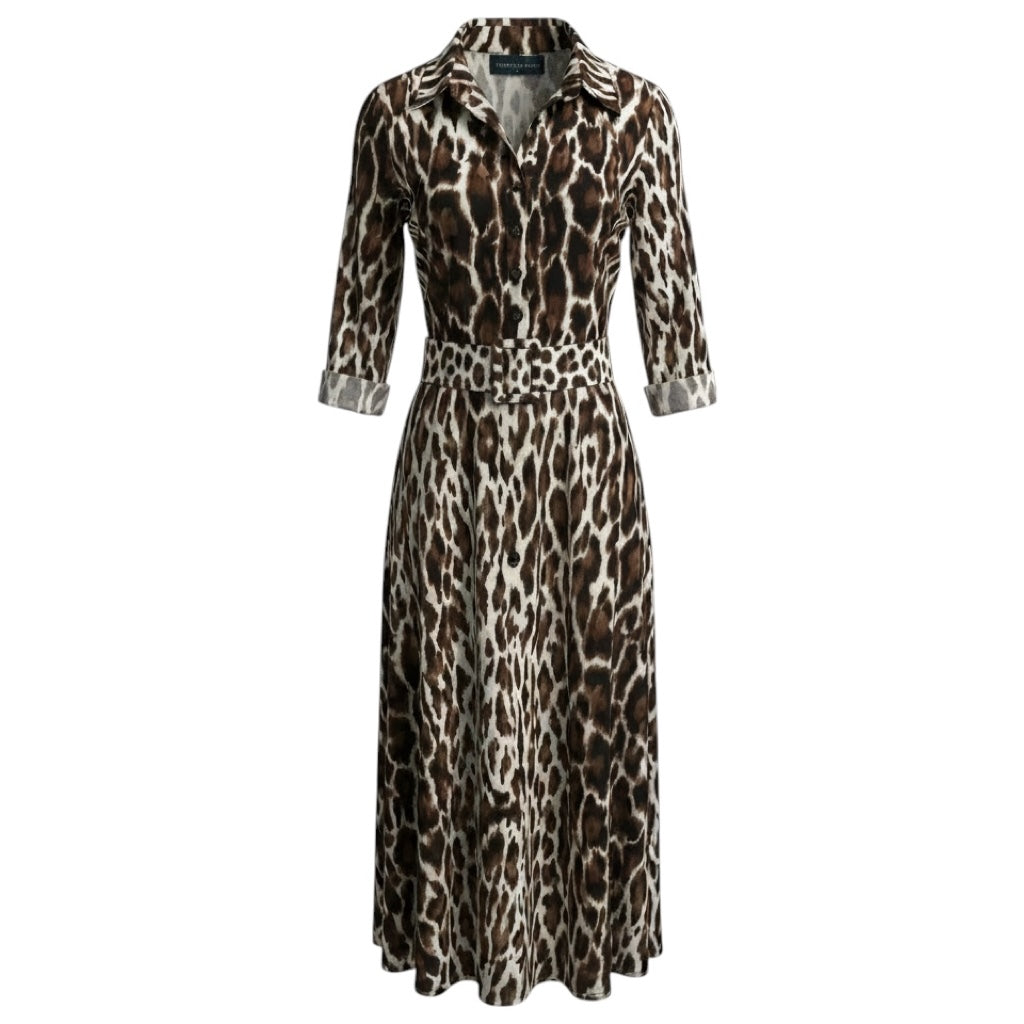 Samantha Sung Brown / White Leopard Print Cotton Midi Dress with Belt