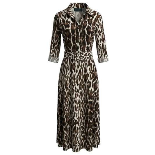 Samantha Sung Brown / White Leopard Print Cotton Midi Dress with Belt