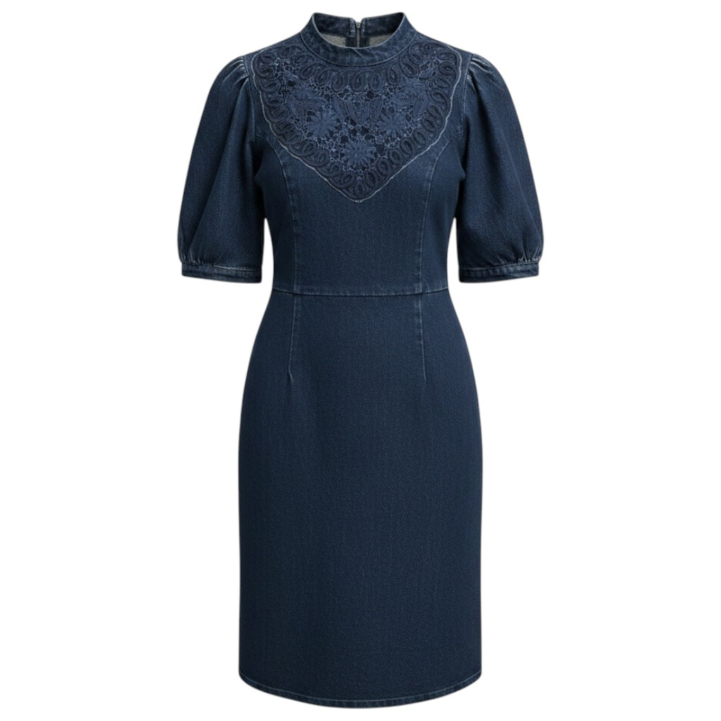 Sea New York Dark Blue Embroidered Short Sleeved Denim Dress