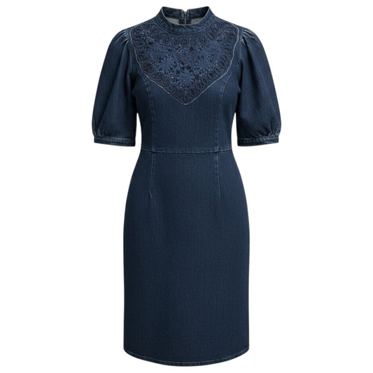 Sea New York Dark Blue Embroidered Short Sleeved Denim Dress