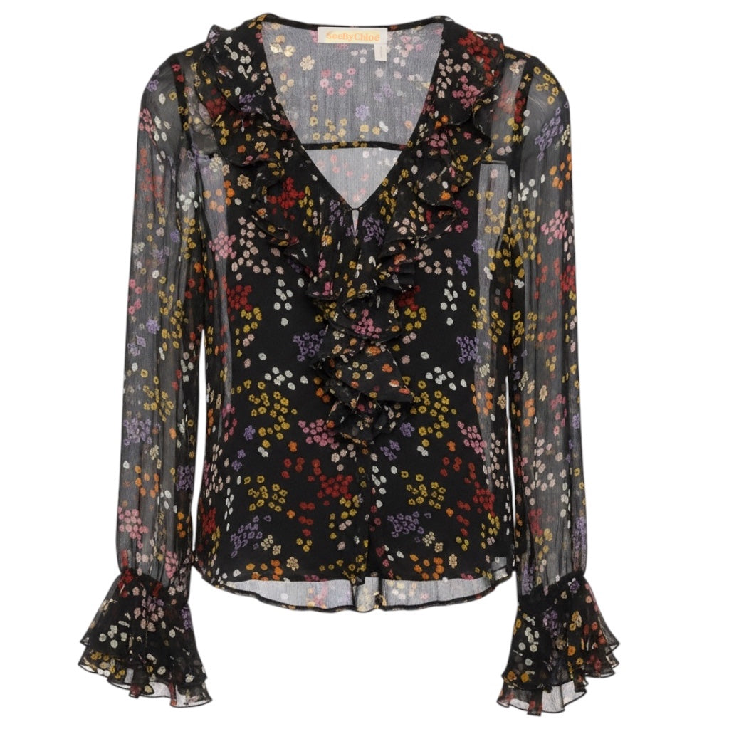 See by Chloe Black Multicolor Floral Printed Sheer Silk Chiffon Blouse with Cami
