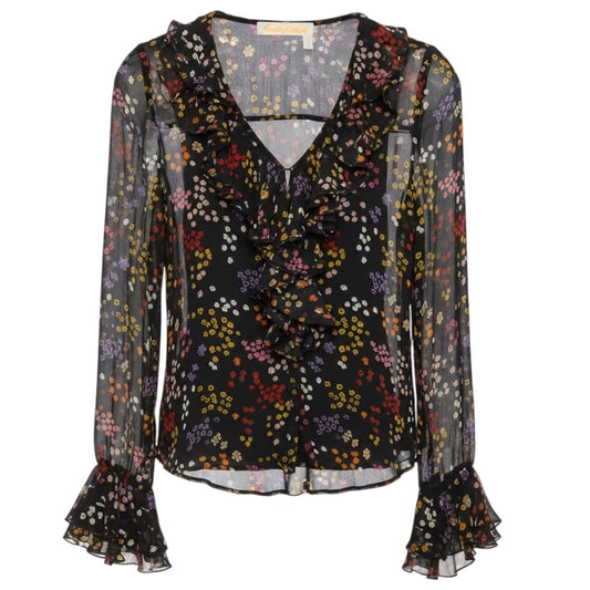 See by Chloe Black Multicolor Floral Printed Sheer Silk Chiffon Blouse with Cami