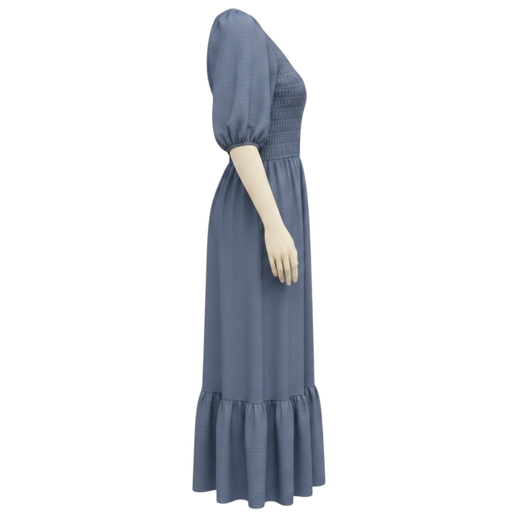 Sea New York Slate Blue Short Sleeved Smocked Maxi Dress