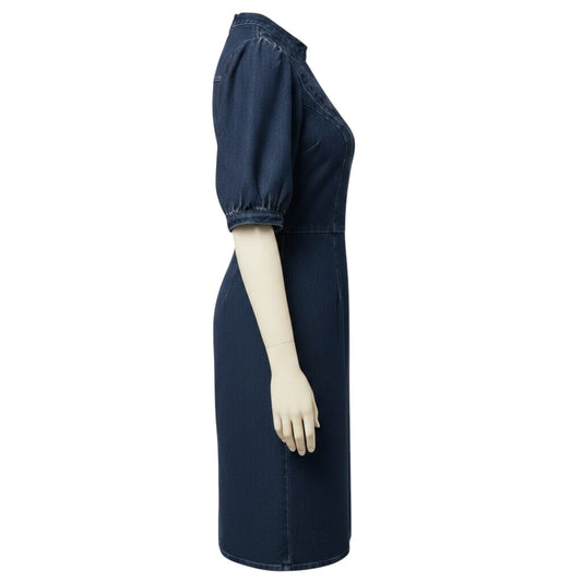 Sea New York Dark Blue Embroidered Short Sleeved Denim Dress