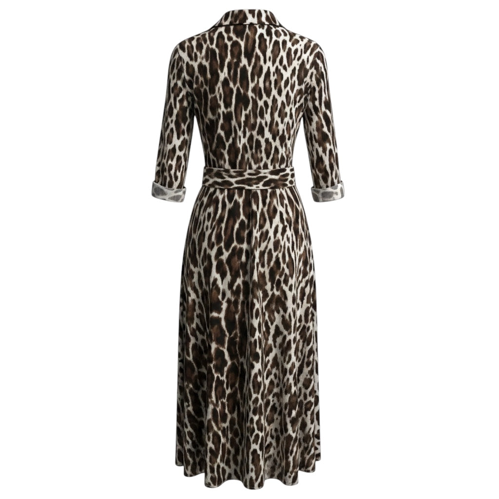 Samantha Sung Brown / White Leopard Print Cotton Midi Dress with Belt