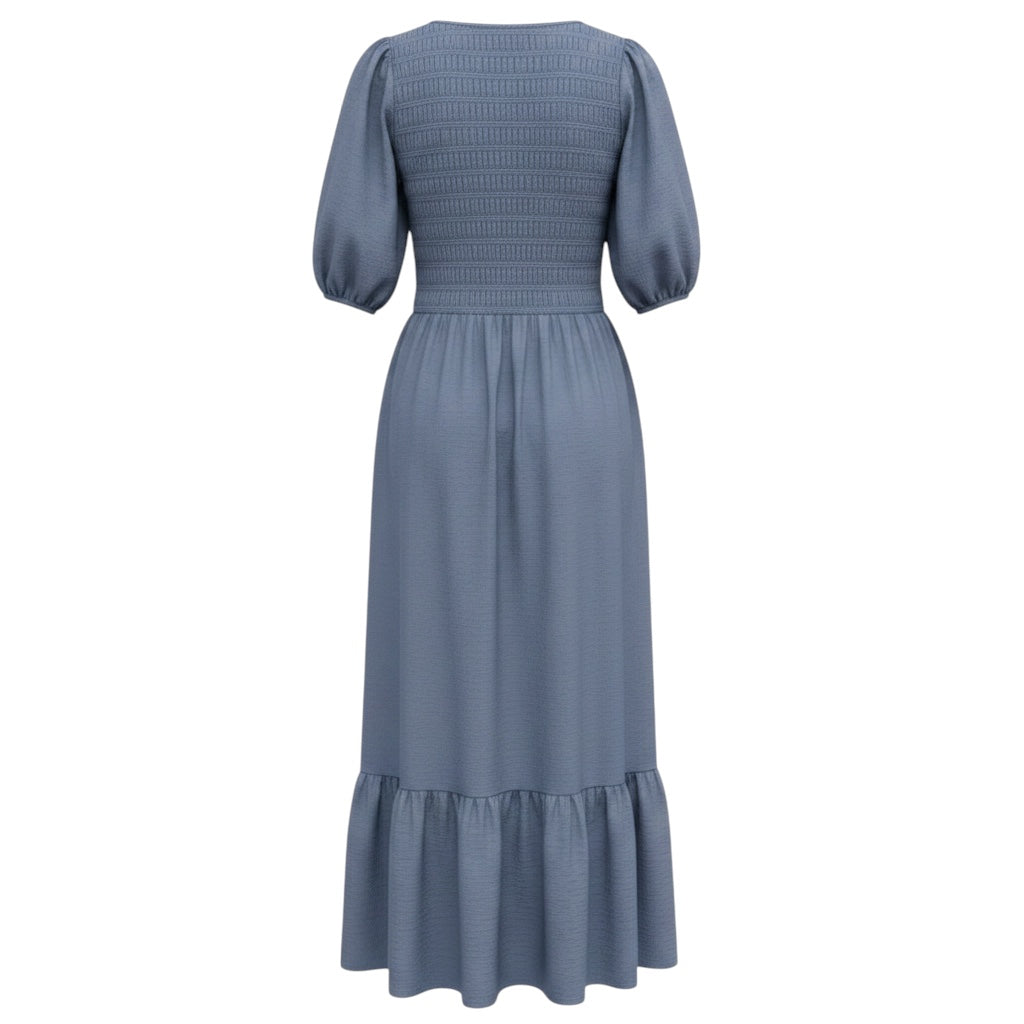 Sea New York Slate Blue Short Sleeved Smocked Maxi Dress