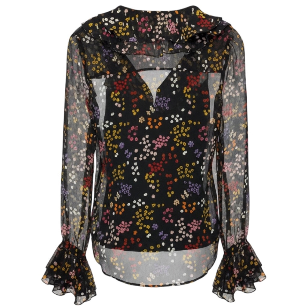See by Chloe Black Multicolor Floral Printed Sheer Silk Chiffon Blouse with Cami