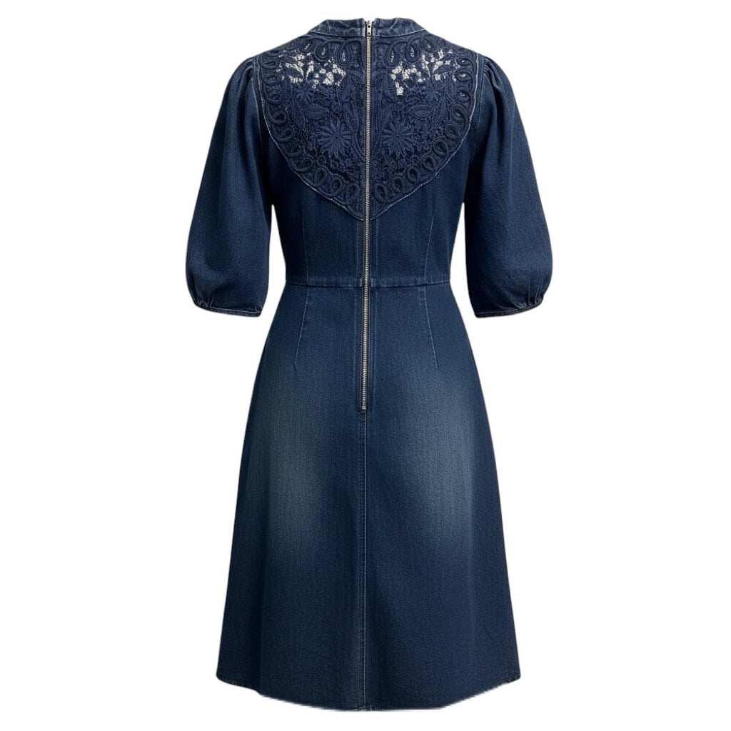 Sea New York Dark Blue Embroidered Short Sleeved Denim Dress