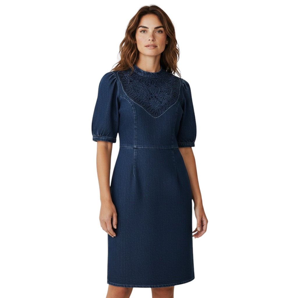 Sea New York Dark Blue Embroidered Short Sleeved Denim Dress