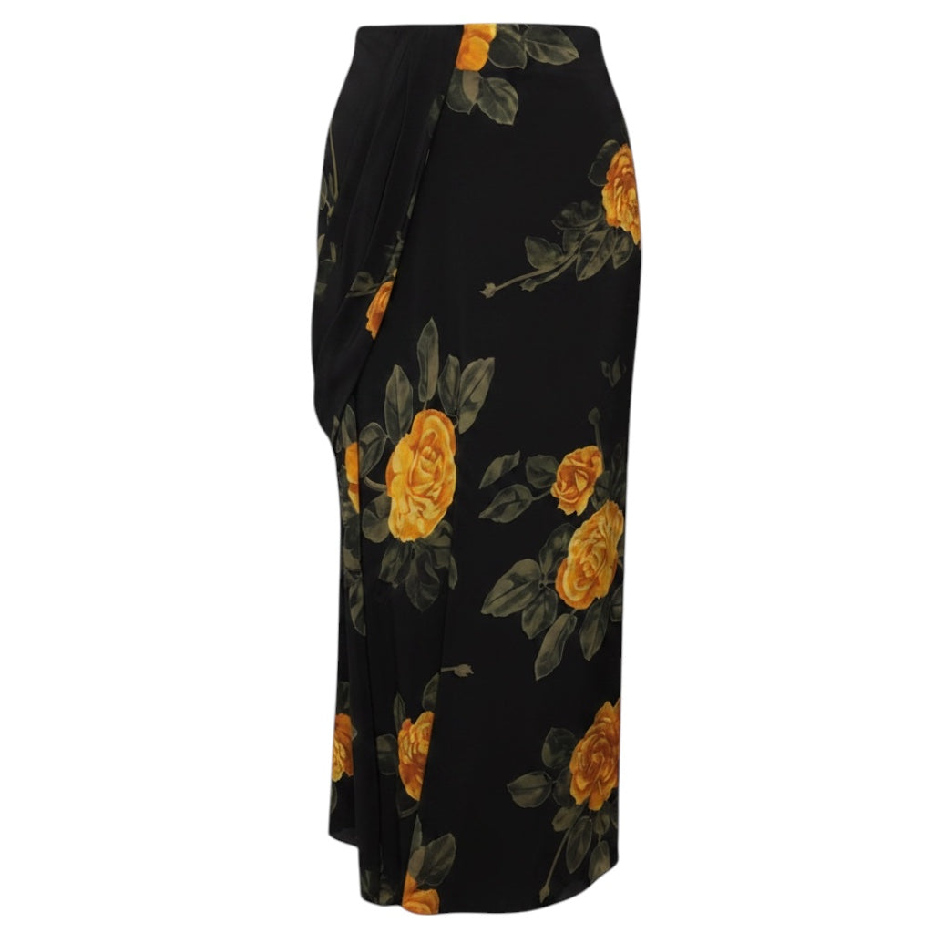 Simone Rocha Black / Yellow Multi Floral Printed Silk Maxi Skirt with Draped Detail