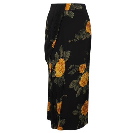 Simone Rocha Black / Yellow Multi Floral Printed Silk Maxi Skirt with Draped Detail