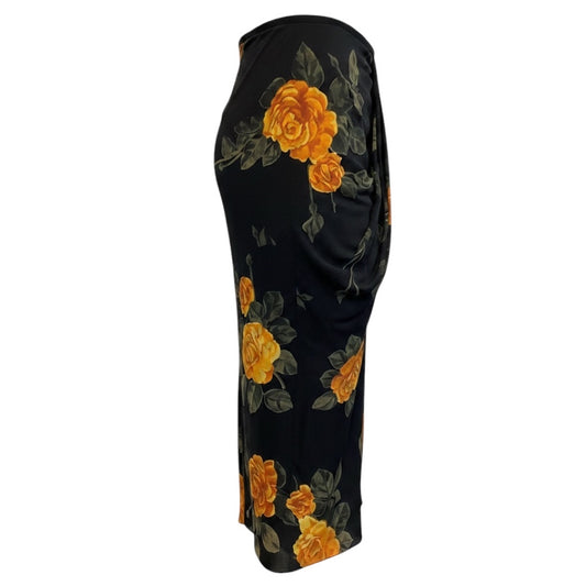 Simone Rocha Black / Yellow Multi Floral Printed Silk Maxi Skirt with Draped Detail