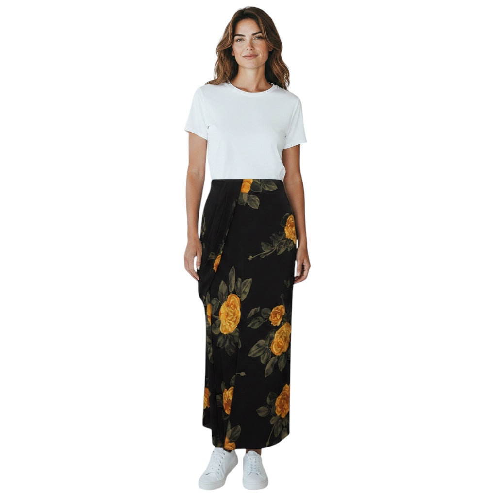 Simone Rocha Black / Yellow Multi Floral Printed Silk Maxi Skirt with Draped Detail