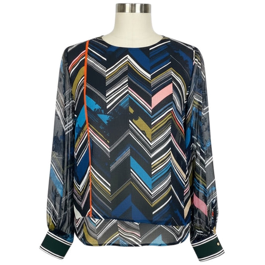 Preen by Thornton Bregazzi Black / Blue Multi Chevron Print Silk Blouse
