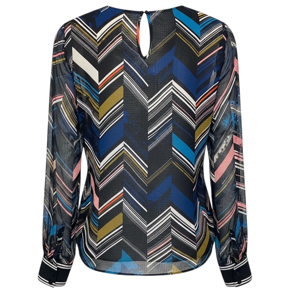 Preen by Thornton Bregazzi Black / Blue Multi Chevron Print Silk Blouse