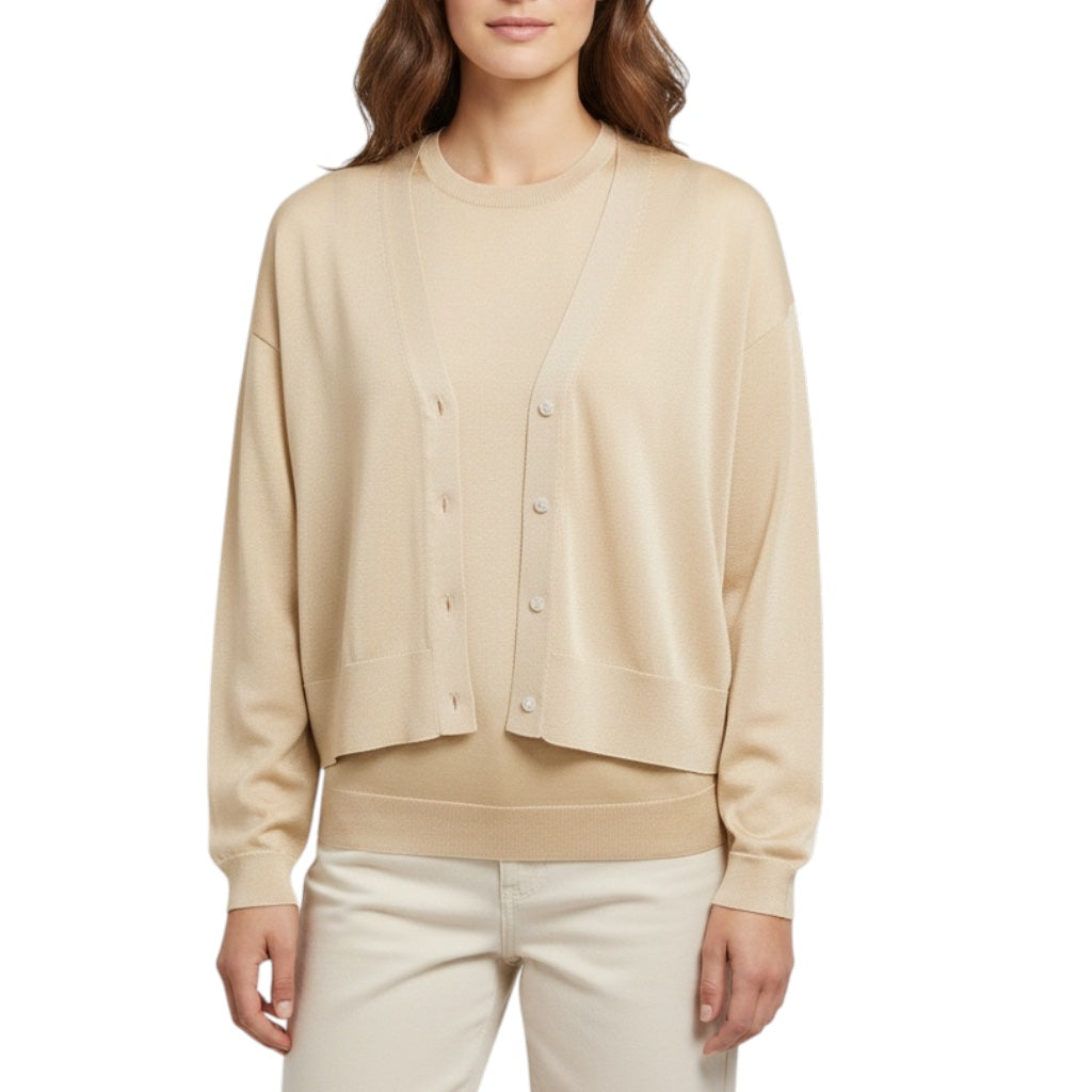 Theory Ecru Airy Sheen Sheer Knit Tank Top and V-Neck Cardigan Sweater Set