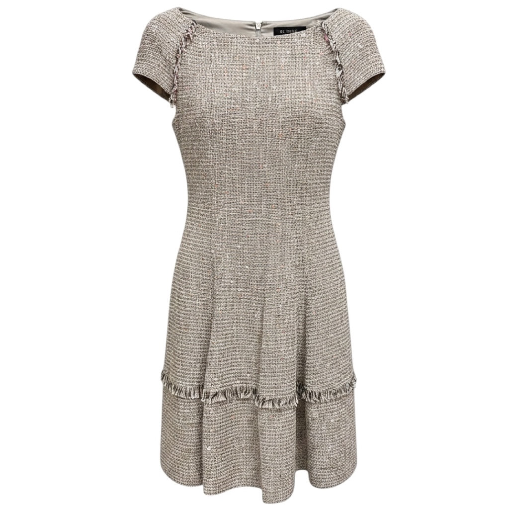 Talbot Runhof White / Pink / Black / Rose Gold Metallic Sequined Tweed Dress