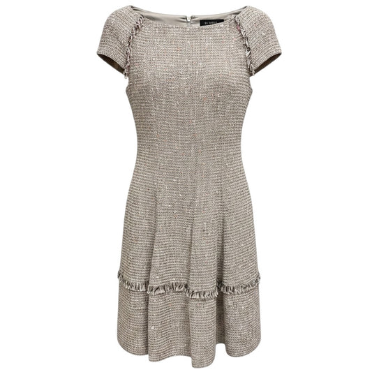 Talbot Runhof White / Pink / Black / Rose Gold Metallic Sequined Tweed Dress