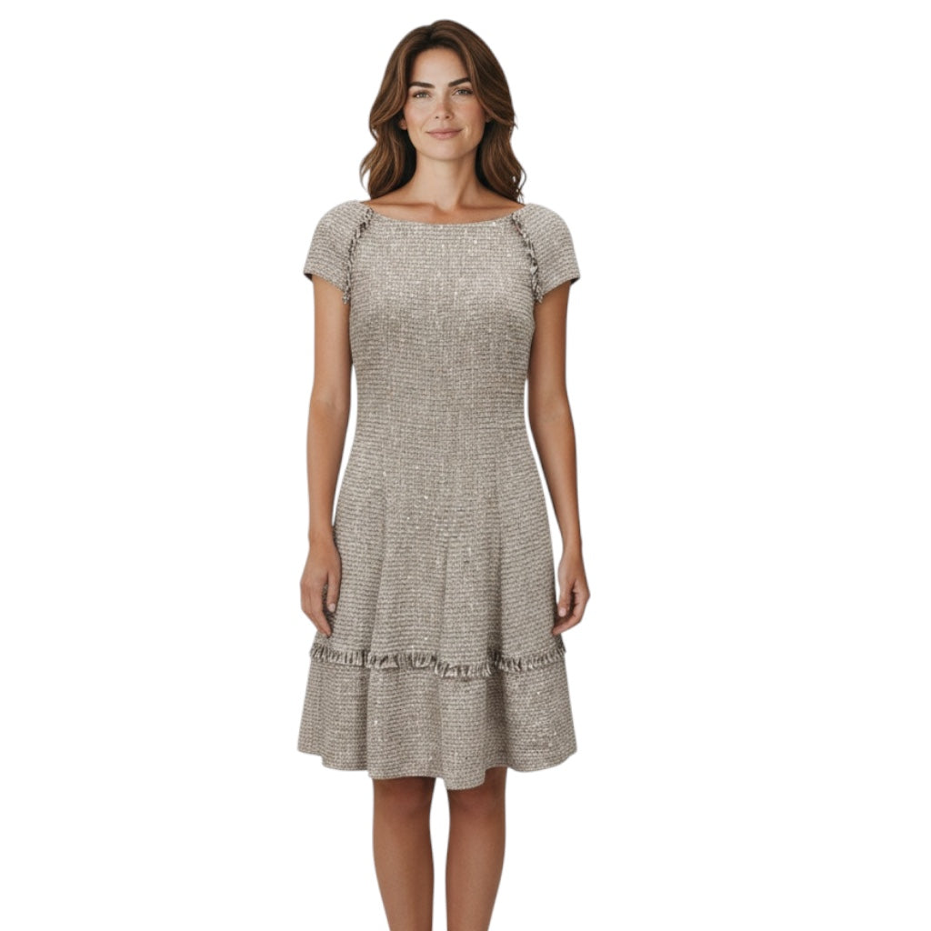 Talbot Runhof White / Pink / Black / Rose Gold Metallic Sequined Tweed Dress