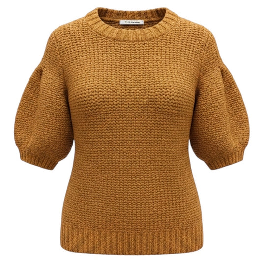Ulla Johnson Tan / Gold Metallic Cotton and Lurex Chunky Knit Short Sleeved Sweater