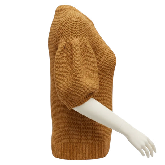 Ulla Johnson Tan / Gold Metallic Cotton and Lurex Chunky Knit Short Sleeved Sweater