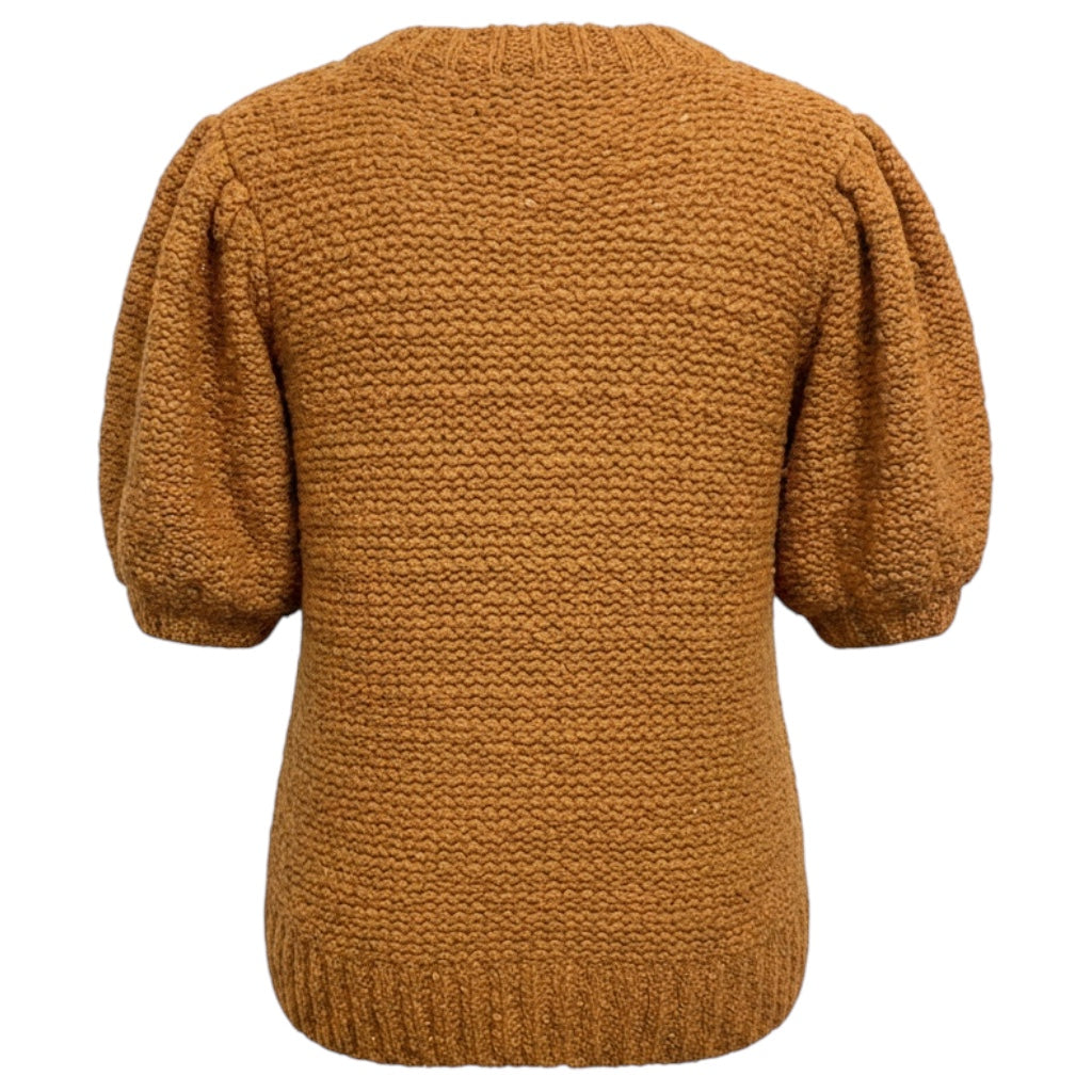 Ulla Johnson Tan / Gold Metallic Cotton and Lurex Chunky Knit Short Sleeved Sweater