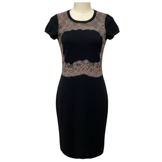 Valentino Black / Blush Pink Floral Mesh Tulle Lace Trimmed Short Sleeved Wool Knit Dress