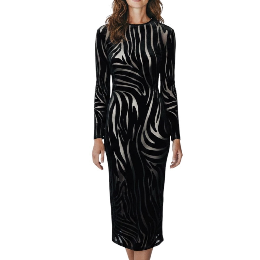 Versace Black Jersey Velour Jacquard Zebra Midi Dress