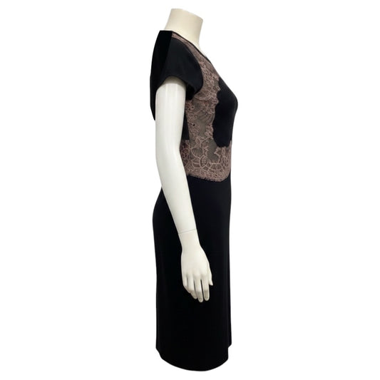 Valentino Black / Blush Pink Floral Mesh Tulle Lace Trimmed Short Sleeved Wool Knit Dress