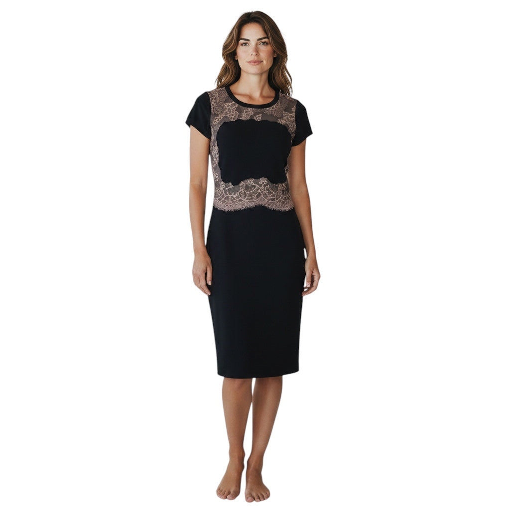 Valentino Black / Blush Pink Floral Mesh Tulle Lace Trimmed Short Sleeved Wool Knit Dress