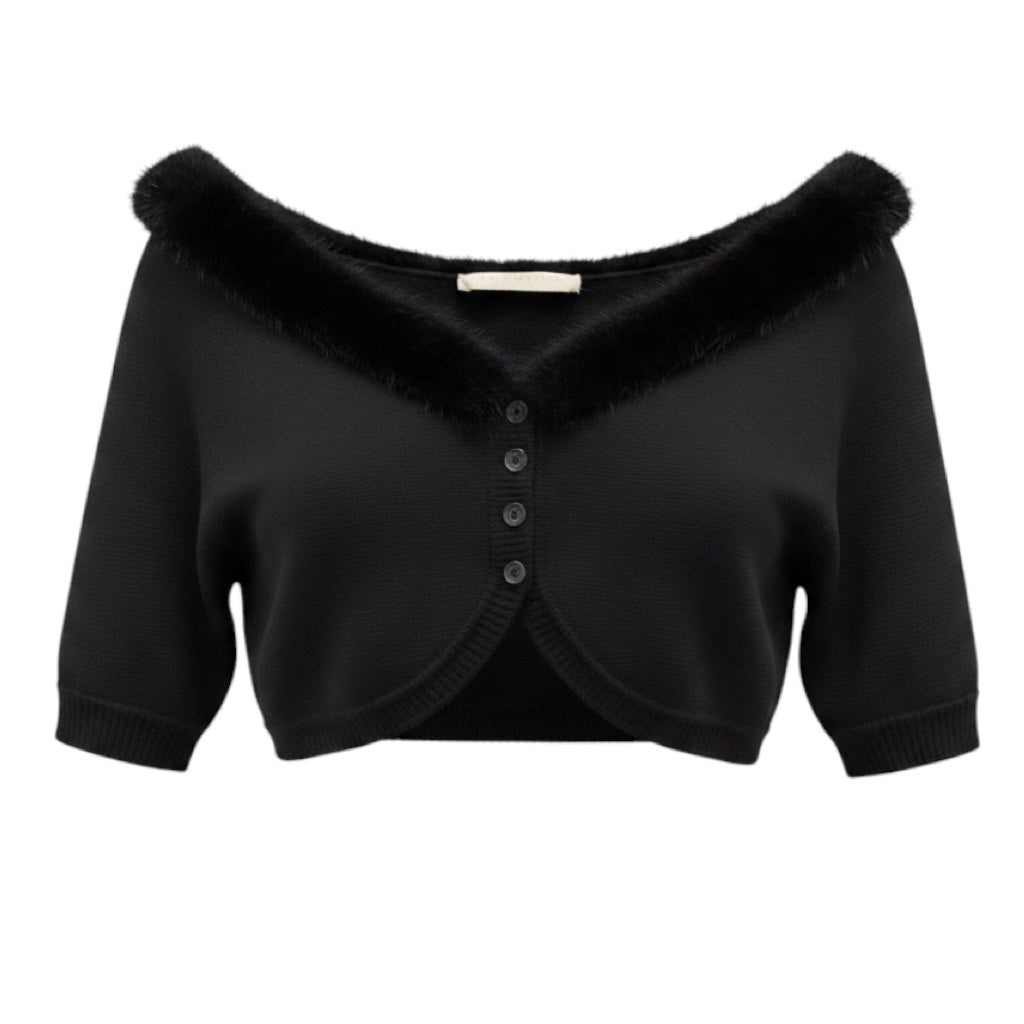 Valentino Black Cropped Knit Shrug Cardigan Sweater with Fur Trim
