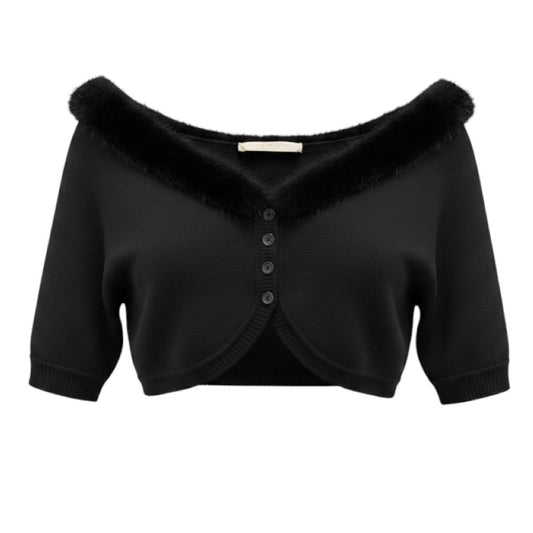 Valentino Black Cropped Knit Shrug Cardigan Sweater with Fur Trim