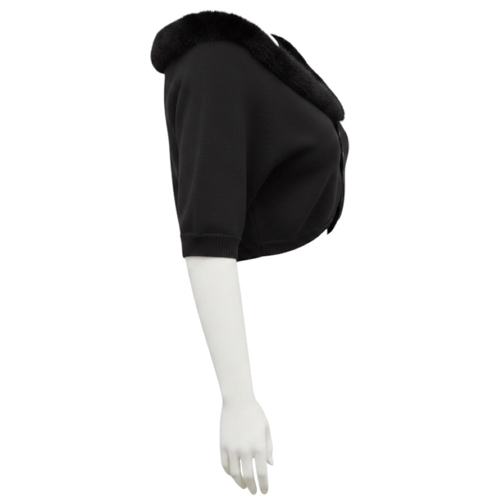 Valentino Black Cropped Knit Shrug Cardigan Sweater with Fur Trim