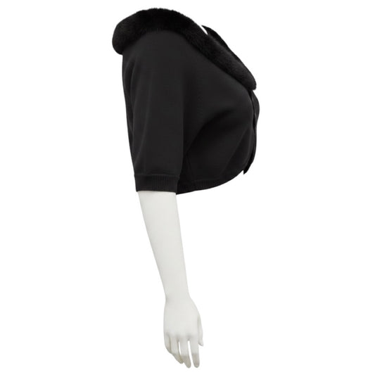 Valentino Black Cropped Knit Shrug Cardigan Sweater with Fur Trim