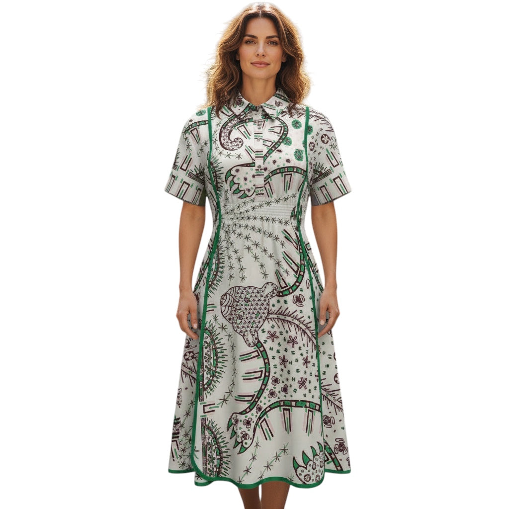 Valentino Ivory / Green Multi Printed Short Sleeved Cotton Midi Dress