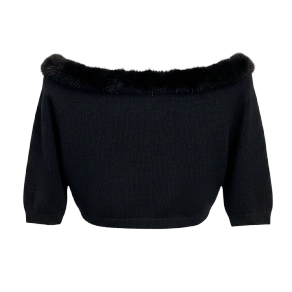 Valentino Black Cropped Knit Shrug Cardigan Sweater with Fur Trim