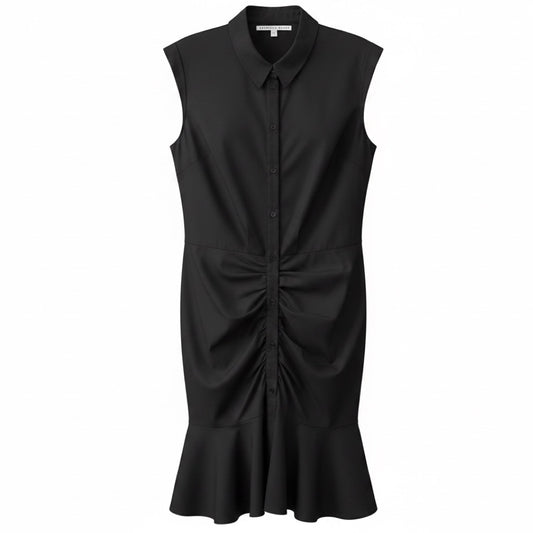 Veronica Beard Black Bell Button Down Ruched Cotton Poplin Shirtdress