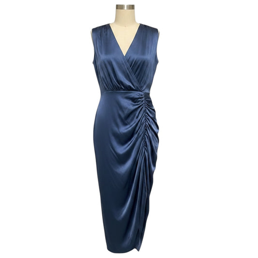 Veronica Beard Steel Blue Casela Ruched Sleeveless V-Neck Silk Midi Dress