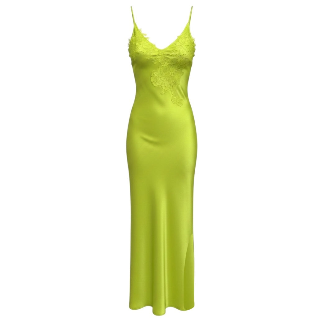 Victoria Beckham Lime Green Lace Trimmed Satin Slip Maxi Dress