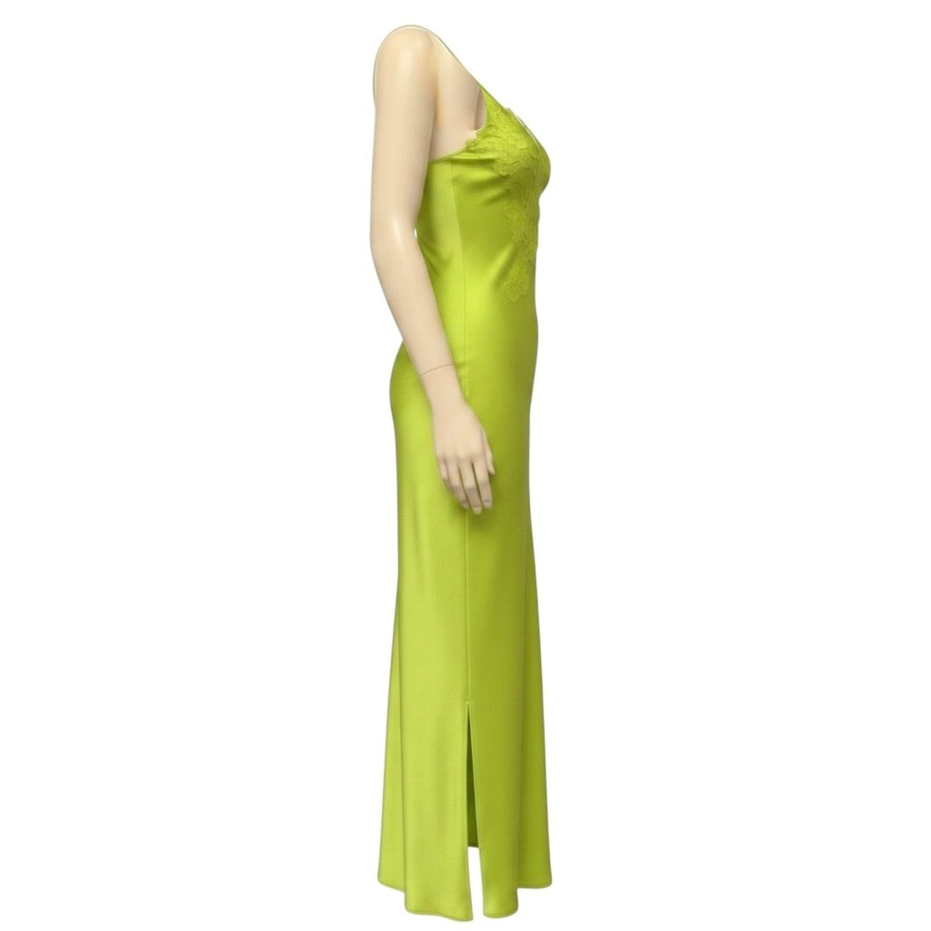 Victoria Beckham Lime Green Lace Trimmed Satin Slip Maxi Dress