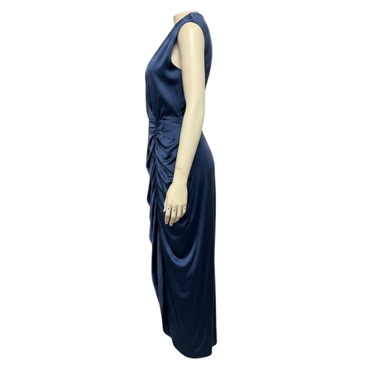 Veronica Beard Steel Blue Casela Ruched Sleeveless V-Neck Silk Midi Dress