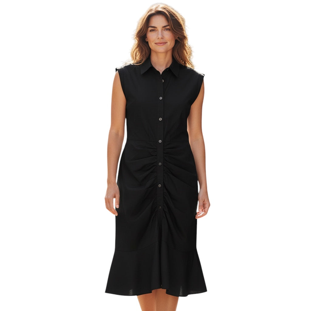 Veronica Beard Black Bell Button Down Ruched Cotton Poplin Shirtdress