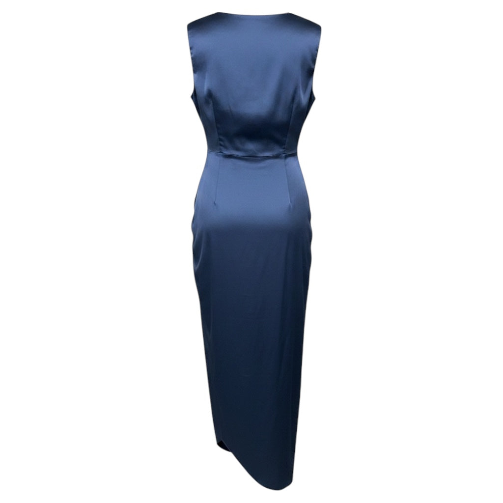 Veronica Beard Steel Blue Casela Ruched Sleeveless V-Neck Silk Midi Dress